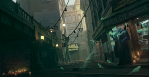 the starting menu for the current build of Valve's deadlock; a man in a trenchcoat is looking at the viewer and holding a cigarette in his right hand as he leans against an alley wall.